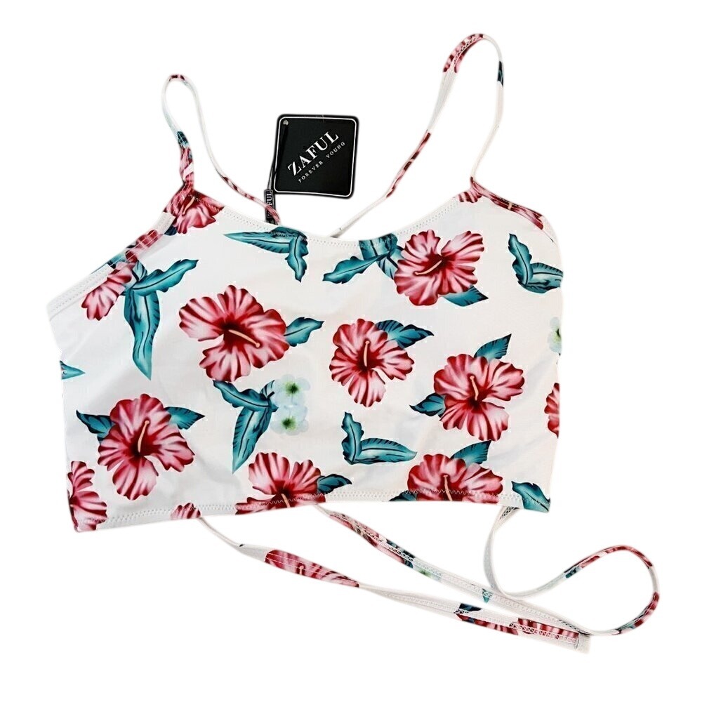 Zafaul Red Hibiscus Halter Bikini White Lace Up Top  Size XL 10‎ NWT